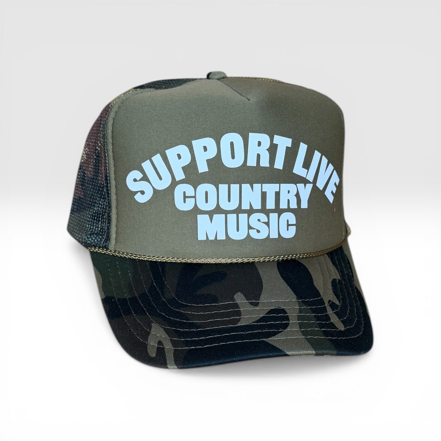 Support Live Country Music Trucker Hat White Text