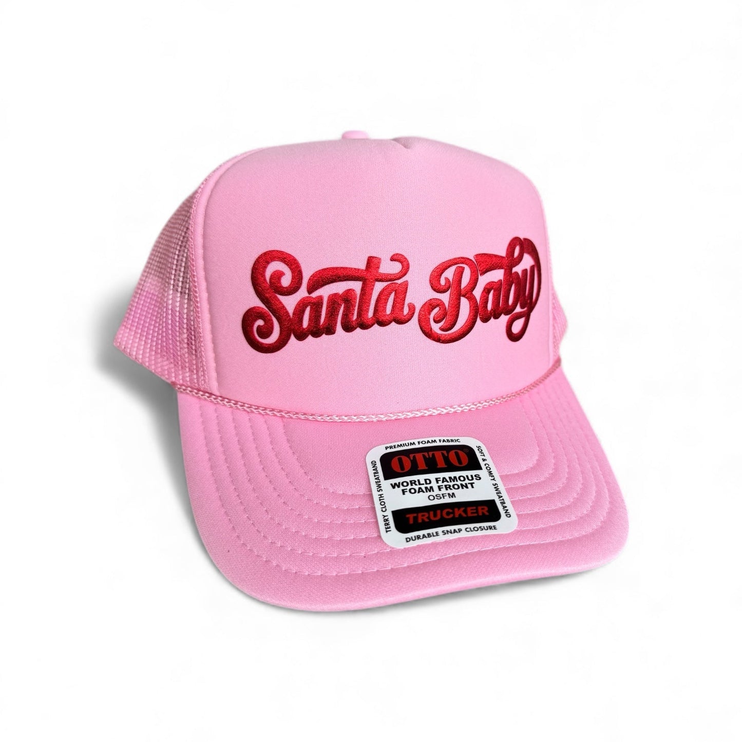 Crispe Hat Co Santa Baby Trucker Hat - Pink Christmas Holiday Hat with Red Puff Design for Women