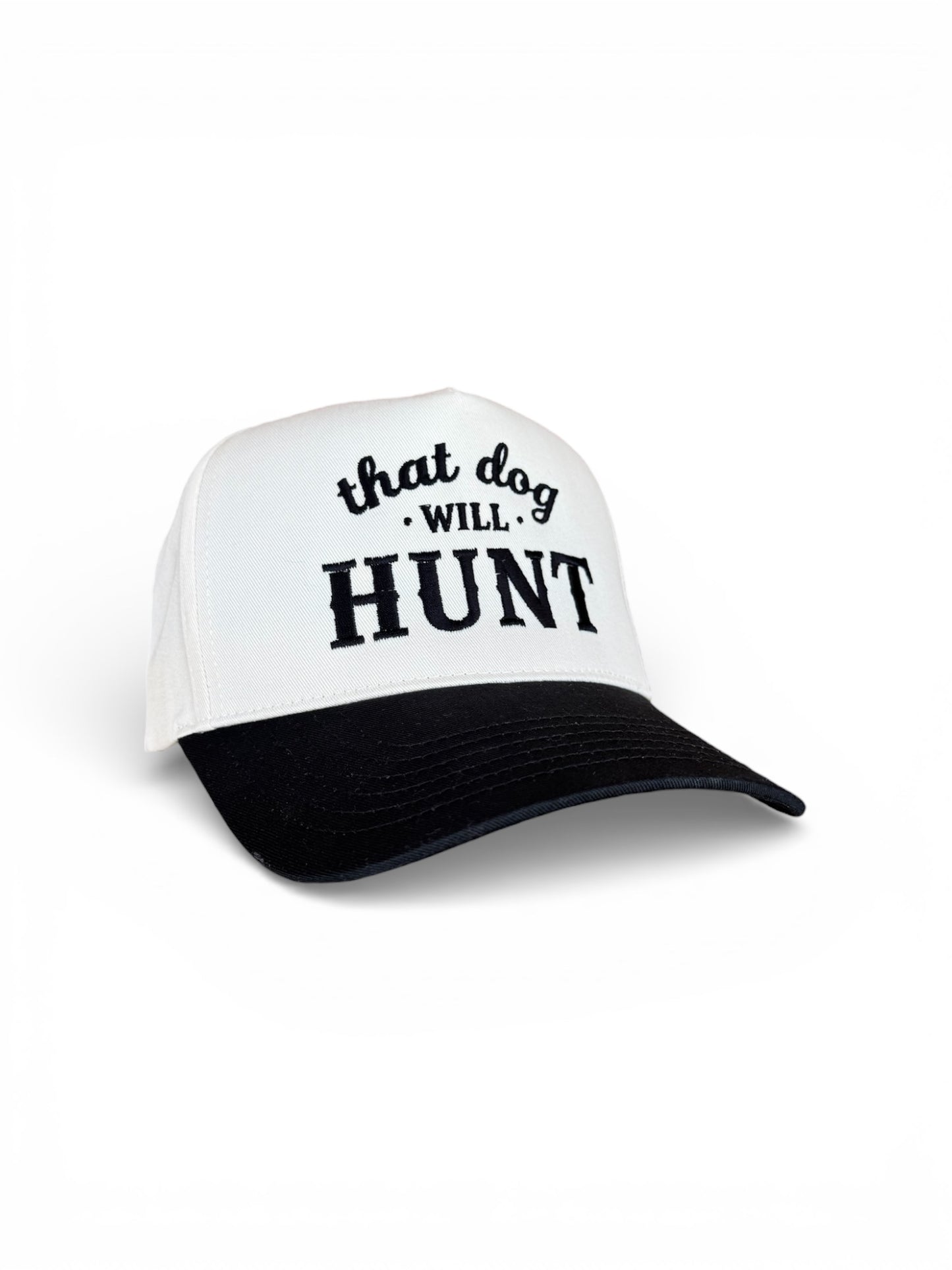 That Dog Will Hunt Black and Natural Baseball Cap - 5 Panel Cap with Black Embroidery