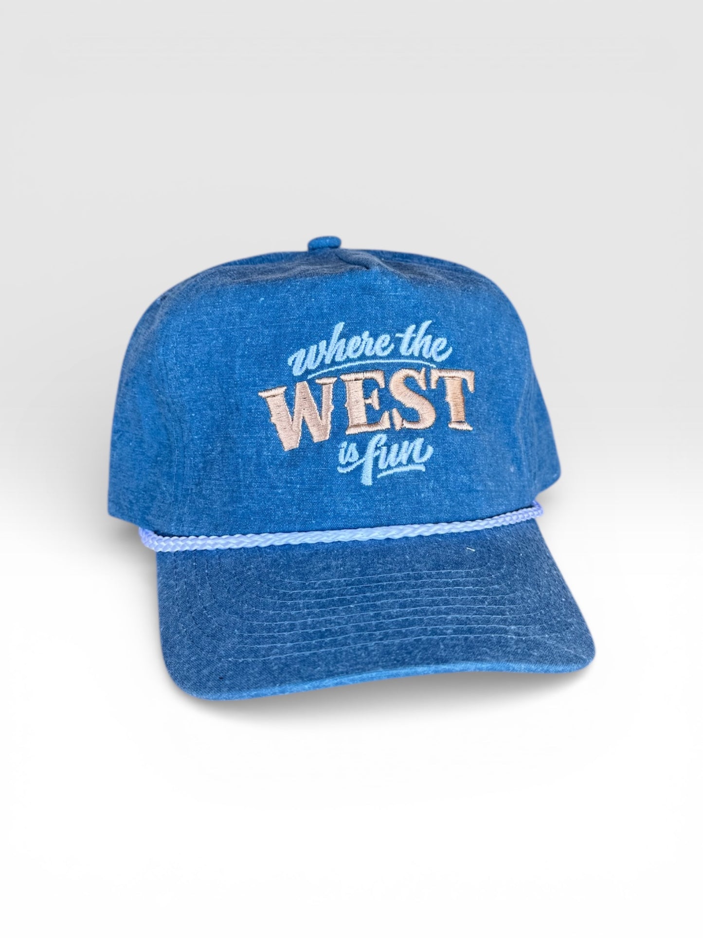 Where the West is Fun Denim Baseball Cap - High Profile 5 Panel Hat with Rope