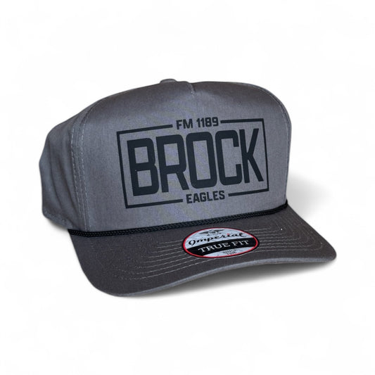 MY TOWN BROCK Imperial Barnes Trucker Hat - Gray and black with FM 1189 BROCK EAGLES branding on white background