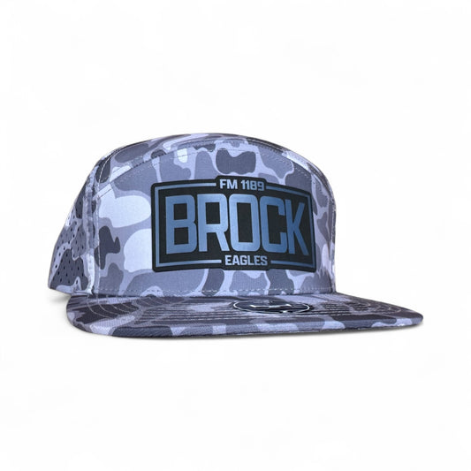 MY TOWN BROCK Performance 7-Panel Hat - Gray camouflage pattern with FM 1189 BROCK EAGLES branding on white background
