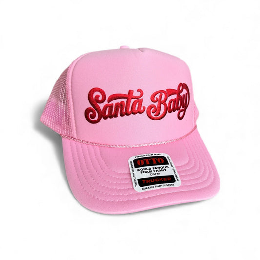 Crispe Hat Co Santa Baby Trucker Hat - Pink Christmas Holiday Hat with Red Puff Design for Women