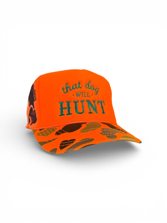 That Dog Will Hunt Orange Camo Trucker Hat - 5 Panel Foam Mesh Cap with Hunter Green Embroidery