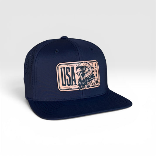 USA Live Free Black Performance Snapback — Leather Patch, Flat Bill