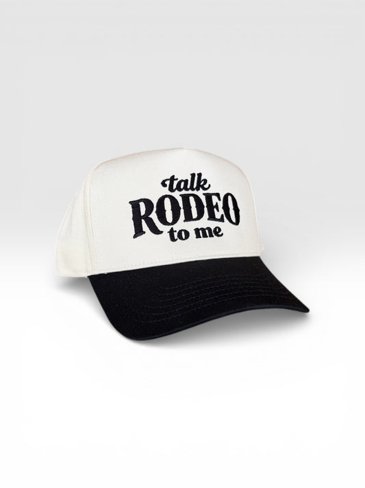 talk Rodeo to me Baseball Hat - Black and Natural Snapback Cap with talk Rodeo to me Text
