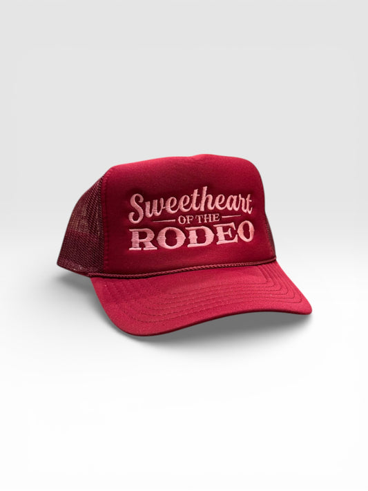 Sweetheart of the Rodeo Maroon Trucker Hat - 5 Panel Foam Mesh Cap with Pink Embroidery